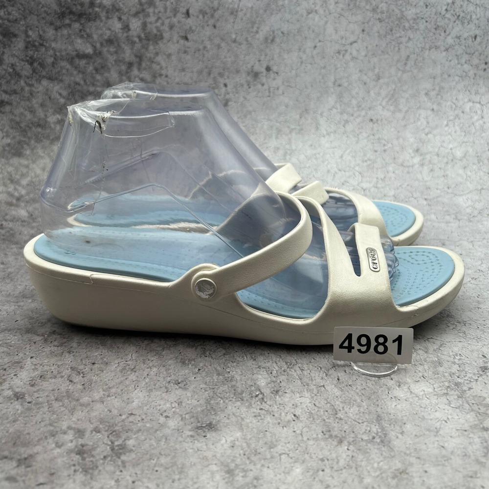 Crocs Patricia Wedge Sandals Women Size 9 White Blue Strappy Comfort Slip On